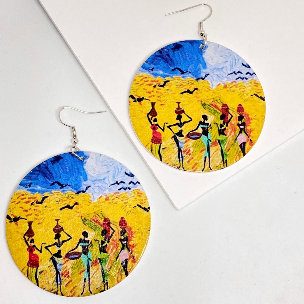 2/$25 Yellow Painted African Art Wooden Earrings